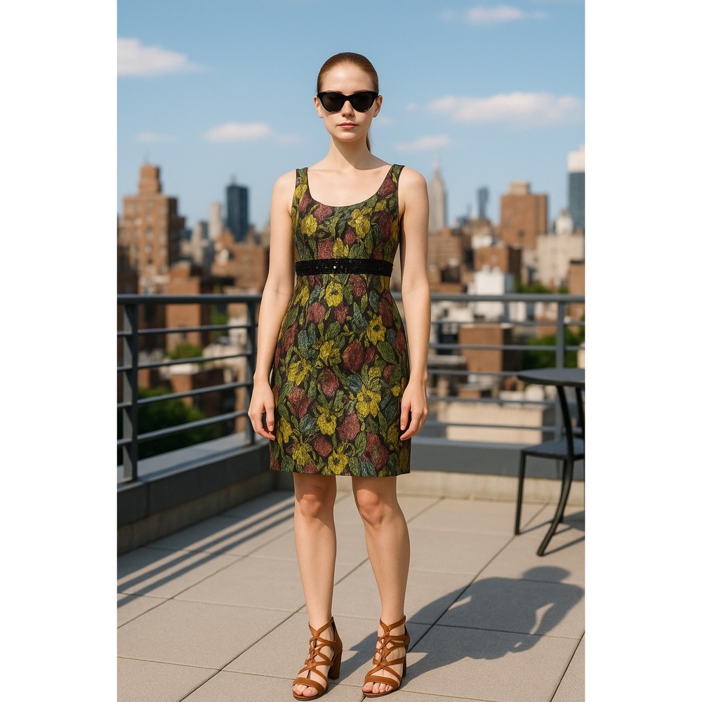 Carmen Marc Valvo Collection Floral Jacquard Dress Black Sequin‎ Waist Size 10